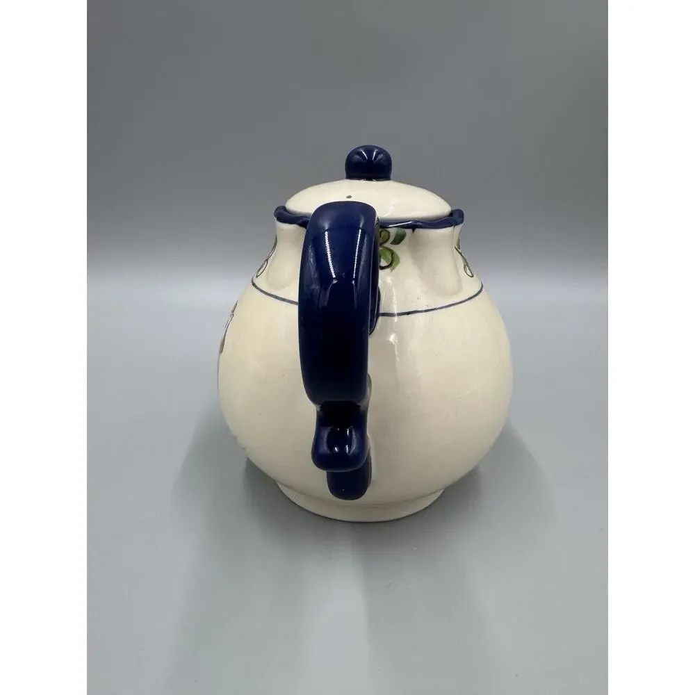 Crackle Barrel Rooster Teapot With Lid Blue Handle